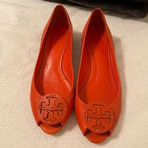 Red open toe wedges
